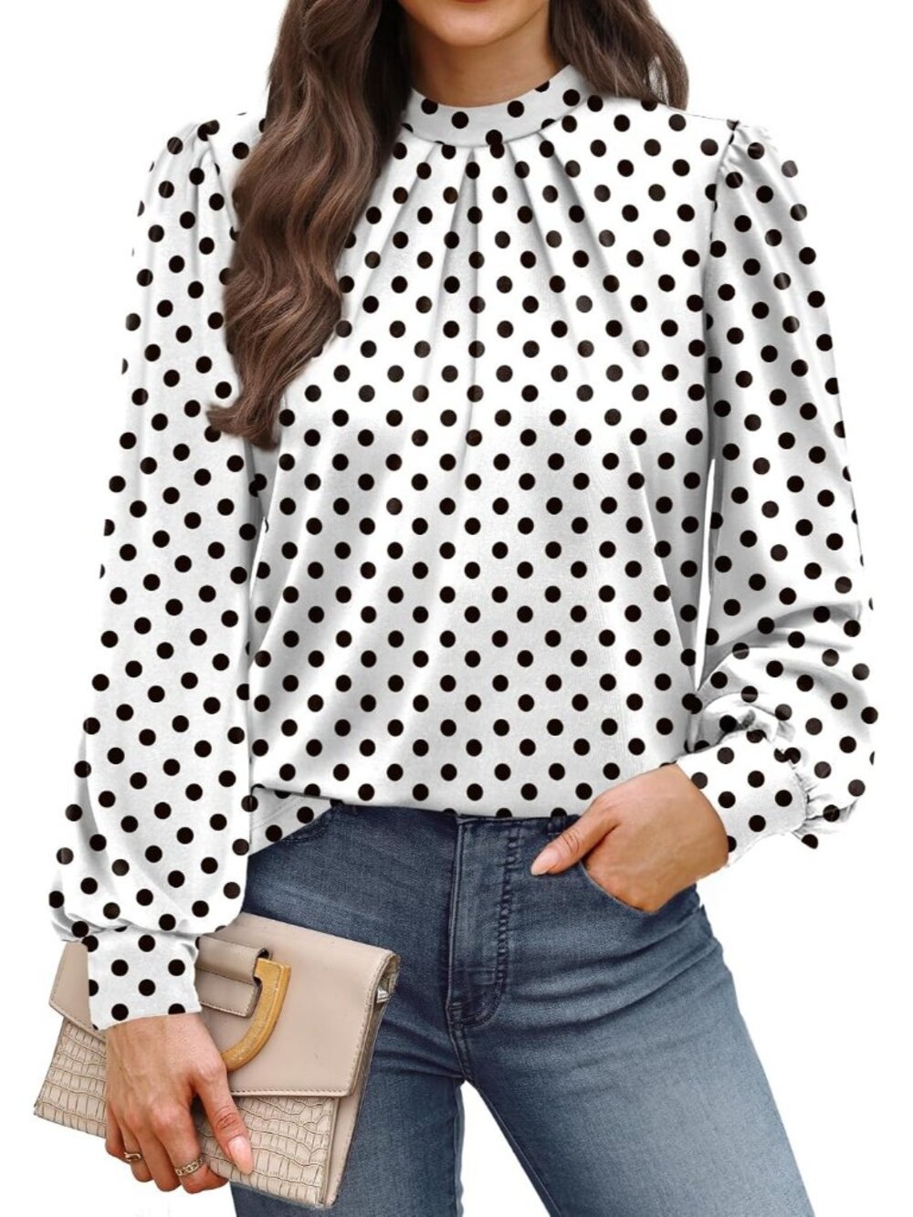 👗 Women's White Polka Dot Long Sleeve Shirts Pleated Front Blouse Mock Neck Top